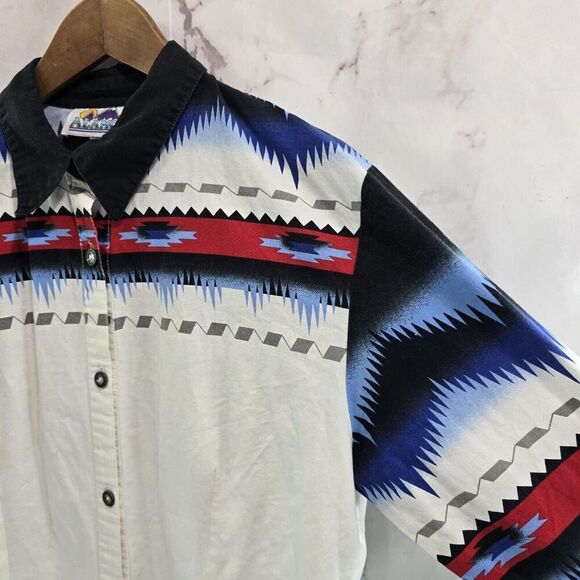 Alamosa Western Shirt Womens Large Black Blue Red Button Up Aztec Southwest - Picture 13 of 14